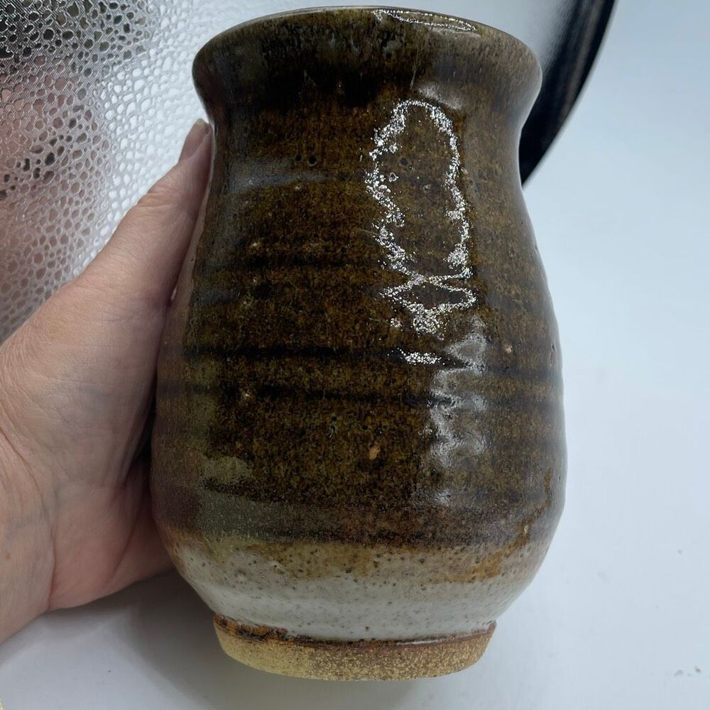 Artisan signed hand thrown stoneware vase earthy speckled glazed